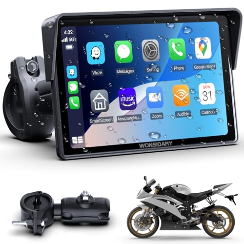 Ecrã CarPlay Moto sem fios compatível com Apple CarPlay & Android Auto, W522 Tela táctil 5" IP67, impermeável, Bluetooth duplo, navegação GPS, controlo por voz, equalizador, alimentação USB/Acc