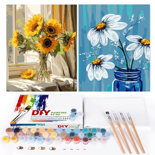 EFOTIML Paint by Numbers Kit para adultos iniciantes e crianças idades 8-12, 16 x 20 Canva para kits de pintura para adultos (sem moldura) - girassol e flor branca (2 unidades)