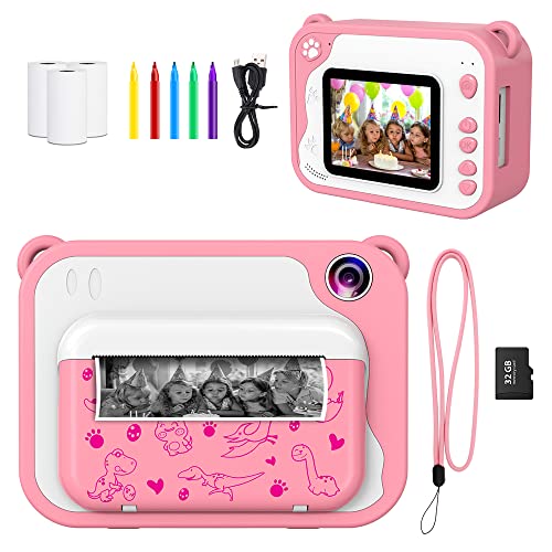 Ushining - Câmara fotográfica de impressão instantânea para crianças, câmara digital com ecrã de 2,4 polegadas, cartão TF de 32 GB, 3 rolos de papel de impressão, presente para meninas meninos de 3 a