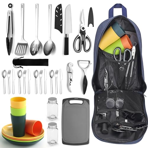 Berglander Conjunto de utensílios de cozinha para campismo com conjunto de talheres e prato, canecas de louça, Camping acessórios Camper, utensílios de cozinha para campismo, para piquenique,
