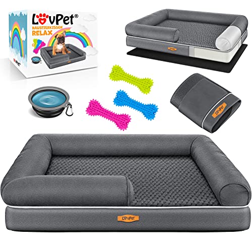 Lovpet® Cama ortopédica para cães, almofada para cães, cesta para cães Relax, inclui comedouro de 3 ossos para mastigar, sofá para cães pequenos, médios e grandes, capa removível e lavável