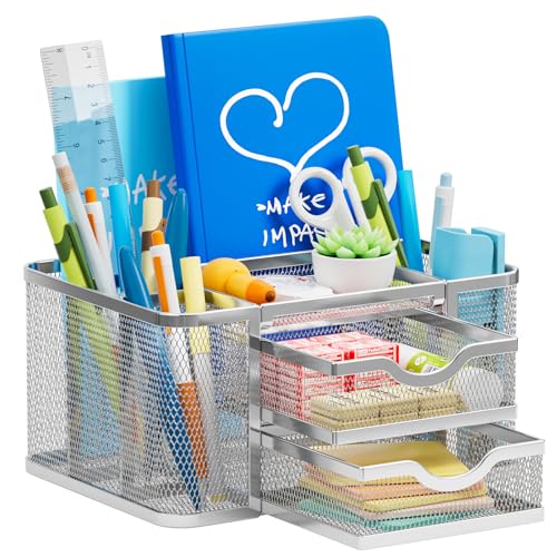 Marbrasse Organizador de mesa de malha, organizador marcadores com 2 gavetas, acessórios de secretária com 5 compartimentos gavetas, para material de escritório em casa (prateado)