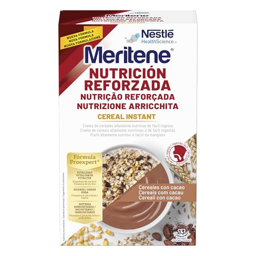 Meritene, Cereais instantâneos em pó para papela, sabor cacau, comida preparada nutritiva, para a alimentação de adultos com disfagia e dificuldades de mastigar, 1 envelope, 520 g