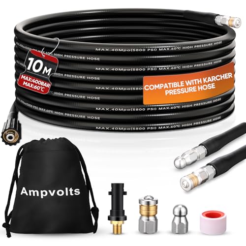 Ampvolts 10 m desbloqueador de tubos de pressão - 400 bar/5800 PSI, compatível com hidrolimpadoras Karcher K2 K3 K4 K5 K6 K7 - limpa facilmente tubos e drenagem entupidos