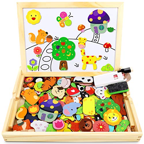 Jojoin 110 peças quebra-cabeças de madeira, brinquedo educativo com quadro magnético para desenho de dupla face, quebra-cabeças para crianças de 3 4 5 anos (animais na floresta)