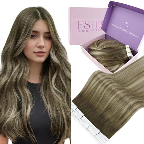 Fshine Extensões adesivas cabelo 20 peças de 18 polegadas extensões adesivas cabelo natural castanho escuro Fading to castanho cinza Balayage loiro 50 g cabelo humano adesivo extensões cor 3 8 22