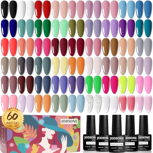 JODSONE Conjunto de vernizes de unhas de gel, 60 peças, com 5 garrafas de base e vidro, camada superior mate, conjunto de unhas de gel de imersão, preparado para presentes de esmalte para todos