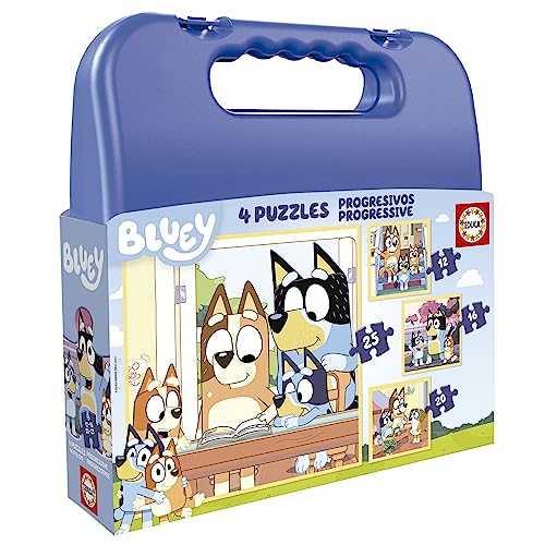 Educa - Conjunto de quatro quebra-cabeças progressivos de 12 a 25 peças com personagens de Bluey | apresentado numa magnífica mala para poder armazená-los. Recomendado a partir de 3 anos (19830)