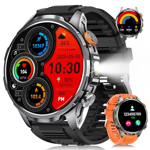 Relógio inteligente homem militar com 1000 mAH/LED lanterna, 1,91" AMOLED Smartwatch com chamadas, 5 ATM impermeável/110 modos desportivos/SpO2/pulso / sonho, pulseira atividade para Android iOS preto