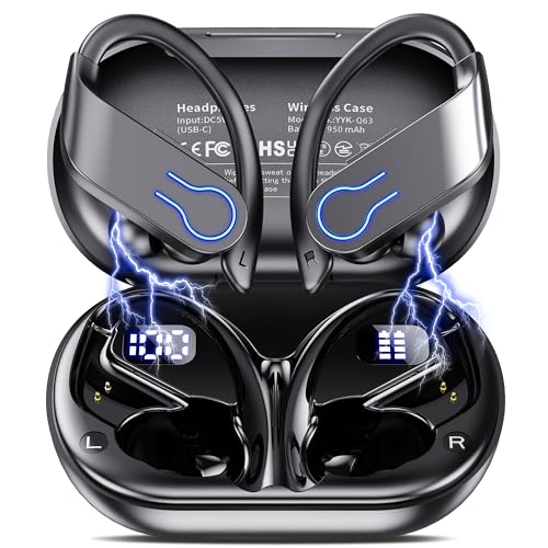 Mosyxe Auriculares sem fios desportivos, 2024, auriculares Bluetooth 5.3 com HiFi estéreo, microfone HD, 120H capacetes sem fios com ecrã LED, IPX7 impermeável auriculares para Sport/Running