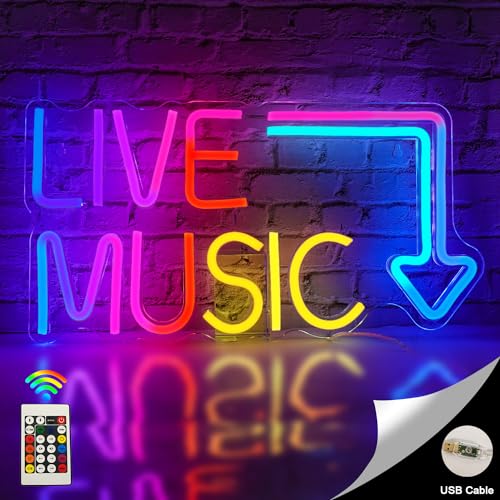 Horseneon Sinal de néon de música ao vivo, sinal de luz de néon com luzes cambiantes RGB luz de néon luzes de néon com controlo remoto para quarto bar estúdio de música festa