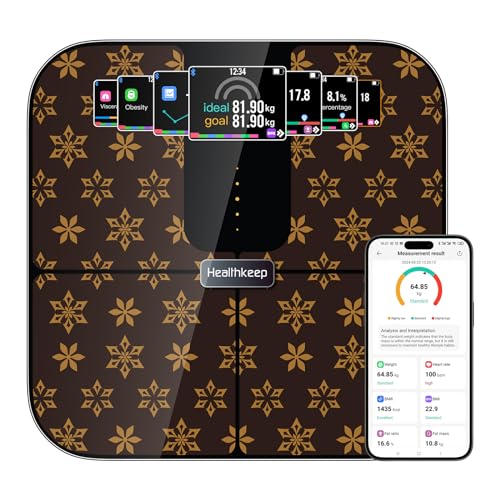 Healthkeep - Balança com Bluetooth com ecrã TFT colorido e tecnologia ITO, 25 dados corporais com frequência cardíaca APP para Andriod e iOS 180 kg/400 lb/28st, castanho