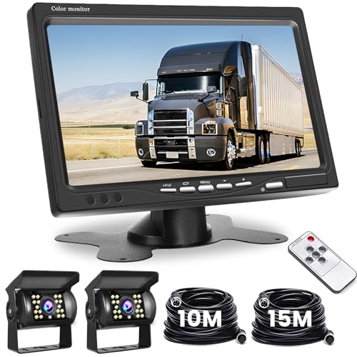 Hikity Tela de visualização de marcha traseira com duas câmaras traseiras, monitor LCD de 7", impermeável, visão noturna, conjunto de câmara de segurança com cabo 15 m para carro camião Camper reboque
