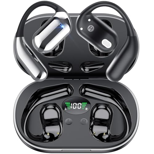 2025 Auriculares sem fios orelha aberta Bluetooth 5.4 com gancho, auriculares sem fios desportivos, 50 horas de reprodução com ecrã LED, IP7 impermeável para Running Sport, controlo tátil