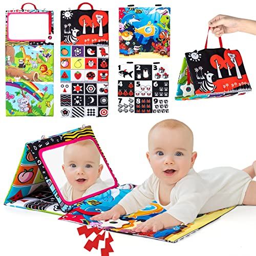 Auney Espelho bebé Montessori 0 a 6-18 meses com livro interativo preto e branco, brinquedos sensoriais bebé com mordedor e padrão de contraste brinquedos educativos presente para recém-nascidos 0-18