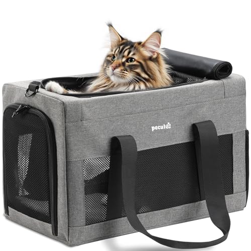Pecute Transportin gato, estrutura de arame de aço espessado de 5 mm, transporte cão pequeno com para-sol, XL, (cinzento)