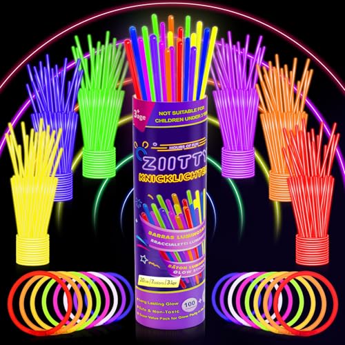 Ziitty Barras luminosas, 100 pulseiras fluorescentes e 100 conectores, Neon Kits para criar colares para crianças e adultos, casamento aniversário decoração festa de ano novo Natal 2025