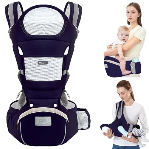 TOFFCAEA Porta-bebés conversível 6 em 1, mochila porta-bebés ergonómica com assento de quadril, algodão puro leve e respirável, para bebés de 3-36 meses (3,5 A 20 kg) (azul escuro cintura 71-118 cm)