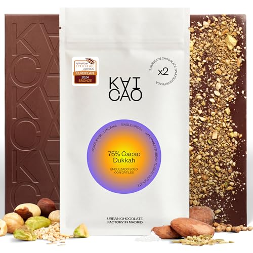 Kaicao Chocolate preto 75% com Dukkah - adoçado com tâmaras, chocolate sem açúcar refinado, sem leitose, sem glúten, vegan, cacau de origem Kokoa Kamili, Tanzânia - 2 x 70 g