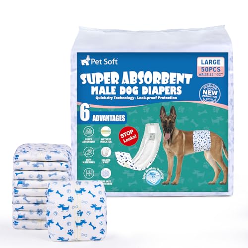 Pet Soft Fraldas descartáveis para cães, 50 unidades, para cães macho, altamente absorventes, com indicador de humidade e à prova de fugas (L - 50 unidades)