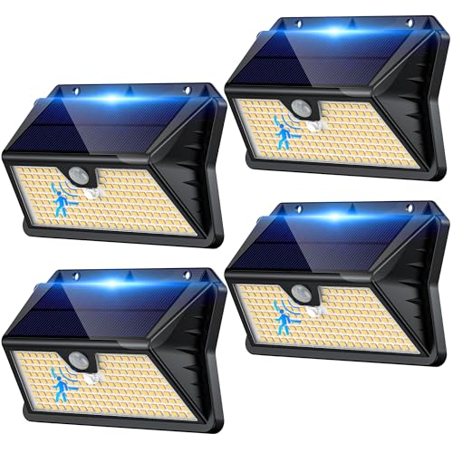 Giliwosy Focos LED exteriores solares, 4 pacotes/3 modos: luzes solares com sensor de jardim de movimento, 185 LED, luz solar exterior, IP65, impermeável para jardim, garagem, pátio, portas (branco