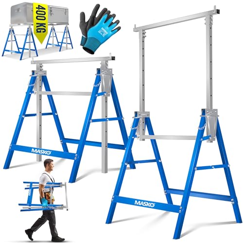 MASKO® Cavalete de trabalho telescópico, capacidade máxima de carga. 200 kg, cavalete de andaime, regulável em altura - altura de trabalho 800-1300 mm, Incl. Luvas, conjunto de 8 - prata/azul