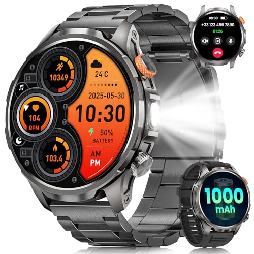 Relógio inteligente homem militar com chamadas, 1000 mAh Smartwatch homem com 1,91" AMOLED/5ATM impermeável/LED lanterna/110+ modos desportivos/SpO2/pulsómetro/sonho/pulseira atividade Android iOS