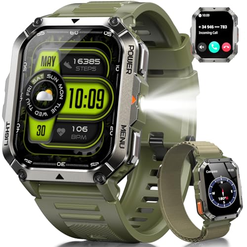 IOWODO Smartwatch Militar 2,01" - Chamadas Bluetooth, bateria de 20 dias, 123 modos de desporto, monitor cardíaco/SpO2/sonho, IP68, lanterna LED, iOS Android (2 correias)