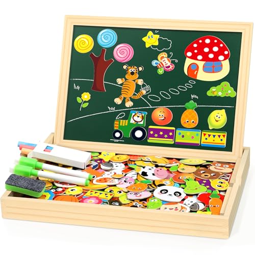 Jojoin 130 unidades quebra-cabeças de madeira - novos brinquedos Montessori com quadro magnético e padrão bonito fruta de animais - brinquedo educativo para crianças de 2 3 4 anos