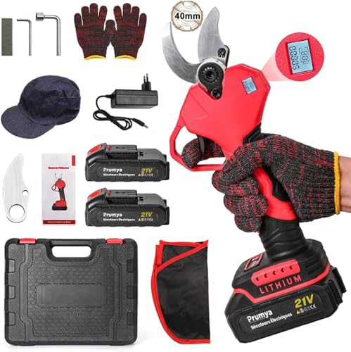 Tesouras elétricas de potência de 40 mm, tesouras de poder bateria profissional com baterias 2 x 2000 mAh, motor sem escovas, lâminas Sharp SK5, ecrã LCD, máquina elétrica para vinha, jardins e
