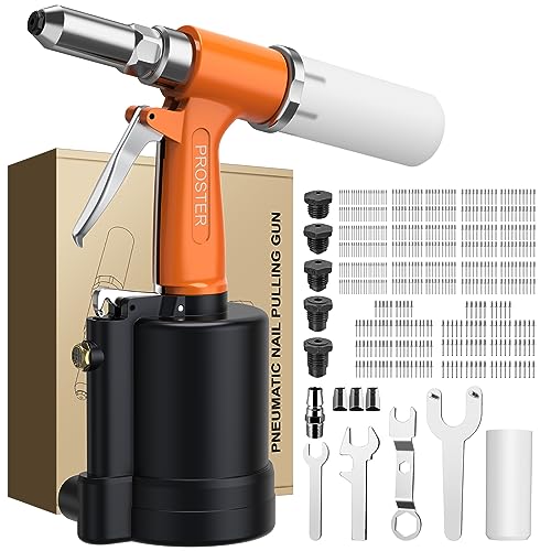 Proster Rebitadora pneumática com 500 peças rebites pistola rebitadora de ar hidráulica com 5 boquilhas 3/32", 1/8", 5/32", 3/16", 1/4" para rebites de ferro alumínio aço 2,4 mm - 6,4 mm