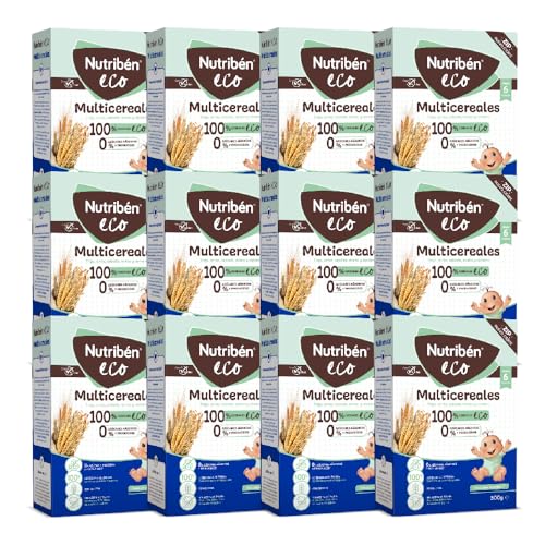 Nutribén EcoPapilla Multicereais | 3600 g, bebés a partir dos 6 meses, 0% açúcares adicionados e produzidos, cereais ecológicos, trigo, arroz, aveia, cevada e centeio, sem óleo de palma, 12 x 300 g