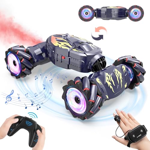Nitigo Carro telescópico para crianças, carro crobático comandado 4 x 4 com música em spray e luzes, carro RC Drift RC carro com a mão rotação 360°, presente brinquedos menino menina 5 6 7 8 9 10 11