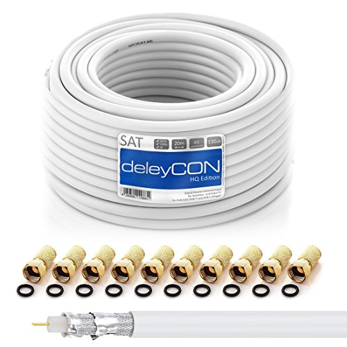 deleyCON HQ 20 m Cabo Coaxial SAT 130 dB Blindado de 4 camadas DVB-S+S2 DVB-T DVB-C cabo de banda larga 4K 1080p FULL HD HDTV 10 conectores F dourados