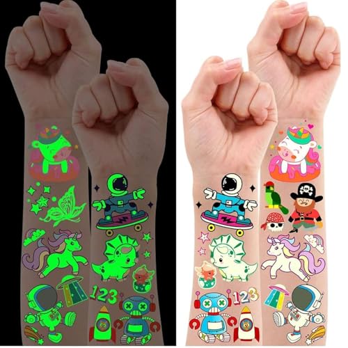 Leesgel 30 Folhas de tatuagem temporária para crianças, tatuagens temporárias brilhantes unicórnio / dinossauro/sereia, detalhes presentes de aniversário crianças colégio enchimento festa brinquedos