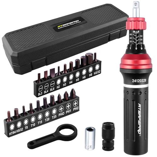ATsafepro 25 peças Chave de fenda dinamométrica 1/4', 10-60 IN.LB (1,1-6,8 Nm) chave de fenda com pontas Torx, plano, hexagonal, cruz, para bicicletas, ferramentas e eletrónica