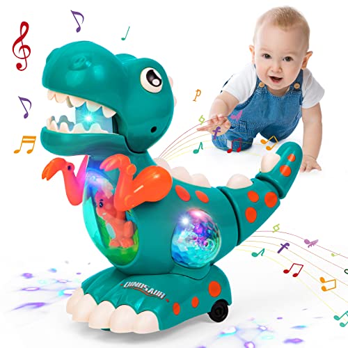 Highttoy Brinquedos crianças 1 ano, brinquedo de dinossauro que gatinha com música e luzes brinquedos bebés 9 12 18 meses brinquedos dinossauros musicais sensoriais bebé presentes crianças de 1 ano