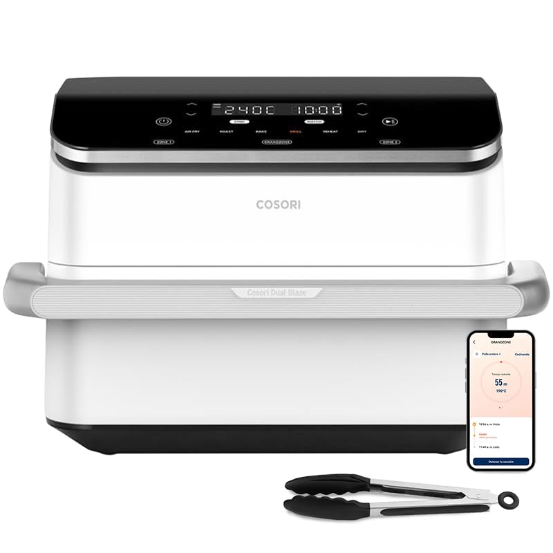 Cosori Frigideira de ar grande-True aço inoxidável-4 resistências duplo Blaze TwinFry 10 L - flexível cesta dupla Air Fryer 2800 W- Smart WIFI Controlo, 66% eficiência energética-6 em 1 - Max 10