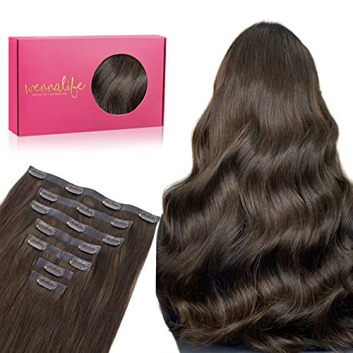 WENNALIFE Extensões de clipe sem costura de cabelo natural, castanho escuro claro, 55 cm 150 g 7 peças sem costuras extensões de cabelo natural grampo extensões de cabelo Remy humano natural invisível