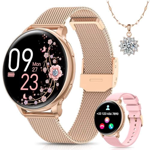 BANLVS Relógio inteligente mulher com chamadas Bluetooth, 1,27" HD Smartwatch mulher com 110 modos desportivos, função feminina, pulso SpO2 e sonho, IP68 impermeável Smartwatch para Android iOS, ouro