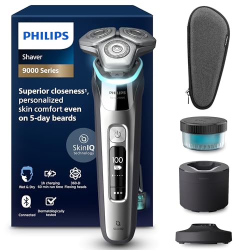 Philips Série 9000 máquina de barbear elétrica para homem, máquina de barbear com aparador, 72 lâminas, 60 min de uso, seco e húmido, recarregável, centro de limpeza, base de carregamento, S9974/55,