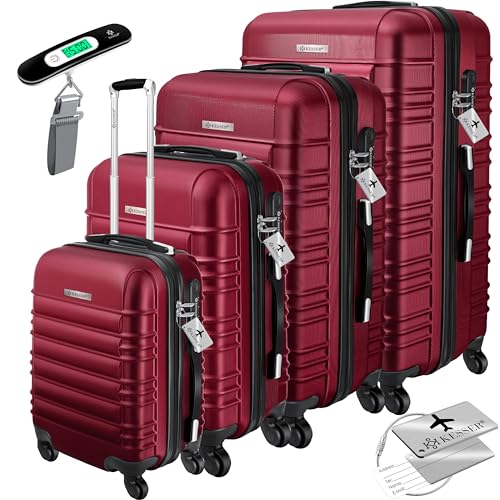 KESSER® Conjunto de 4 malas rígidas, conjunto de mala Trolley Incl. Balança de bagagem etiqueta de bagagem mala rolante fechadura 4 rodas ABS capa rígida alça telescópica S-M-L-XL, Bordô, XL, L, M, S
