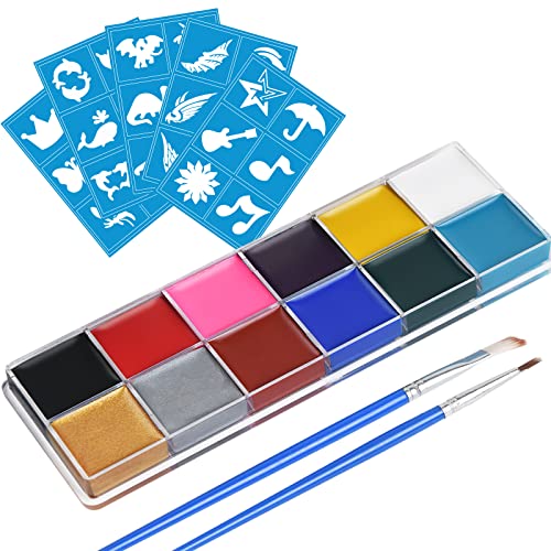 URAQT Tinta corporal e facial, 12 cores de segurança não tóxica pintura de rosto, kit de pintura facial com 30 modelos 2 pincéis, pintura de maquilhagem para crianças Halloween festas cosplay
