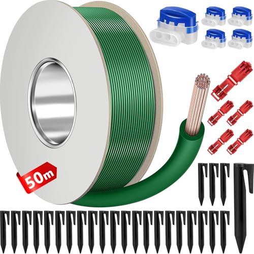 VIBINHO Conjunto de acessórios para robôs corta-relvas, 50 m cabo robô corta-relvas com 25 piquetes de terra, 5 conectores cabo, 5 terminais conexão, compatível com Husqvarna, jardim, Bosch, Worx