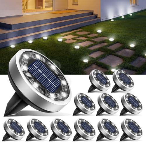 btfarm 12 Pacotes de luzes solares LED para exteriores, jardim, chão, 8 LED luz solar exterior e jardim, IP65 candeeiros solares impermeáveis caminho, relva, pátio (branco frio)