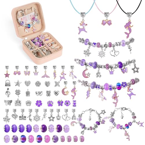 AUAUY Kit para fazer pulseiras meninas, 66 peças roxo fazer pulseiras para meninas com caixa, presente menina 5 6 7 8 9 10 11 12 anos missangas para fazer pulseiras, artesanato brinquedos menina 7 8