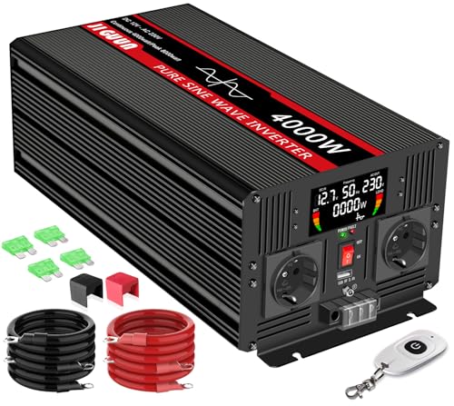 JIGUUN 4000 W/8000 W Inversor 12 V 220 V conversor de onda pura com 2 entradas UE e um USB de 2,4 A, controlo remoto sem fios e indicador LCD, adequado para RV, viagens, emergências