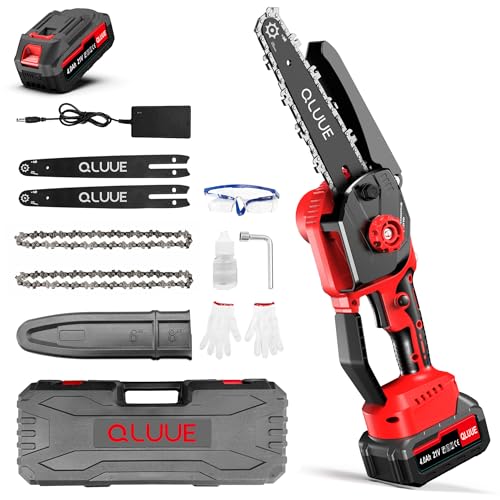 Mini moto-serra a bateria, QLUUE de 8 polegadas com motor de 1150 W, bloqueio de segurança e vários acessórios. Motosserra portátil ideal para jardinagem, corte de ramos e madeira