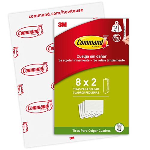 Command Tiras adesivas para pendurar quadros pequenos sem furos e sem perfuração, conjunto de 8 x 2 tiras brancas pequenas - para molduras, espelhos, letreiros, ou relógios de parede
