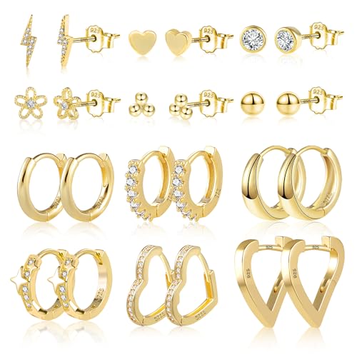 ASH'S CHOICE Brincos de prata 925 para mulher, 6 pares de brincos de prata 925, conjunto de brincos pequenos, multi-pack com brilhantes de zircónio, folha de estrela, lua, bola, brincos